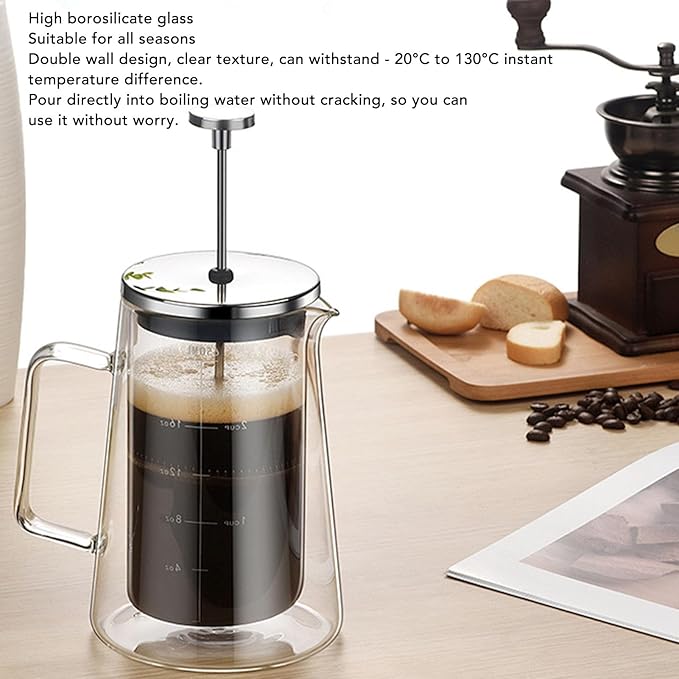French Press Coffee Maker 650ML High Borosilicate Glass Coffee Plunger Pot with V Shape Spout and Temperature Proof Design for Home Studio Tea Room