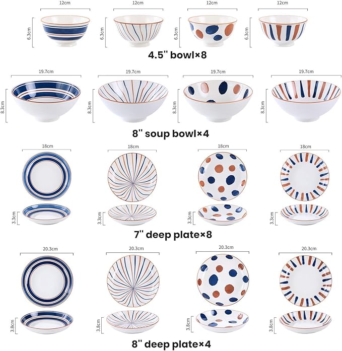 Kitchen Tableware SetCeramics Dinner Sets Retro Annual Ring Porcelain Dinnerware Set of 24 Japanese-Style Cereal Bowl and Steak Plate Set for Family Gathering