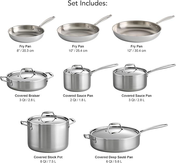 Tramontina Signature Tri-Ply Clad Stainless Steel 13-Piece Cookware Set with Lids Pots and Pans Kitchen Set Induction-Ready Dishwasher-Safe NSF-Certified