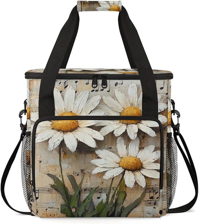 Daisies Music Notes Coffee Maker Travel Bag for Keurig K-Mini/K-Mini Plus Insulated Waterproof Tote with Pockets for K-Cup Portable Single-Serve Brewer Case