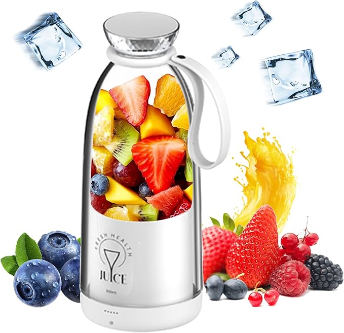 Portable Blender 500ML Personal Blender for Shakes and Smoothies Personal Size Blender Traveling Fruit Veggie Juicer Cup USB Rechargeable with Six Blades for Sports Travel and Outdoors (white)