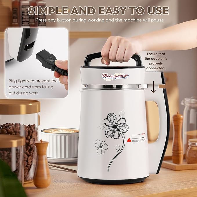 Moongiantgo Automatic Soy Milk Maker 37.2oz 1100ml 8 in 1 Nut Milk Maker with Self-Cleaning/Boil Water/Recipe Homemade Almond Milk Machine Plant Based Milk Juice Beverages Maker 110V