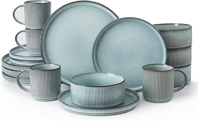 Famiware Star Dinnerware Set with Plates Bowls and Mugs Service for 4 (16-Piece) Stoneware Kitchen Dishes Dinner Plates - Smoky Blue