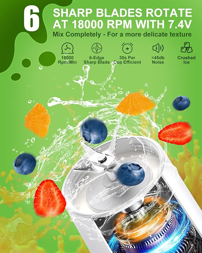 Portable Blender for Shakes and Smoothies 17 Oz Personal Size Blenders Ultra Sharp 6 Blades Portable Blender USB Rechargeable Personal Blender with BPA Free Mini Blender for Sports/Travel/Home/Gym/