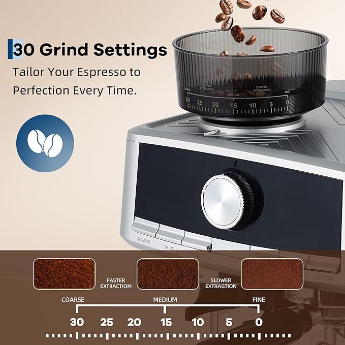 20 Bar Pressure Stainless Steel Espresso Machine with Grinder 1.5l Removable Water Tank Milk Frother Steam Wand for Latte and Cappuccino Adjustable Shot VolumeSilver