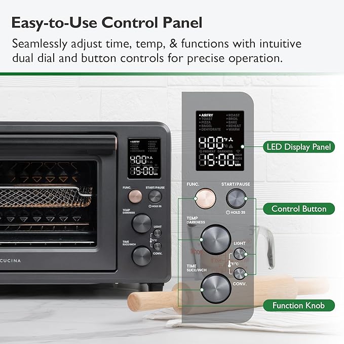 VAL CUCINA Infrared Heating Air Fryer Toaster Oven Combo Non-toxic Enamel-coated Interior 26.3 QT Countertop Convection Oven 10-in-1 Combo 6-Slice Toast 12-inch Pizza with Enamel Baking Pan