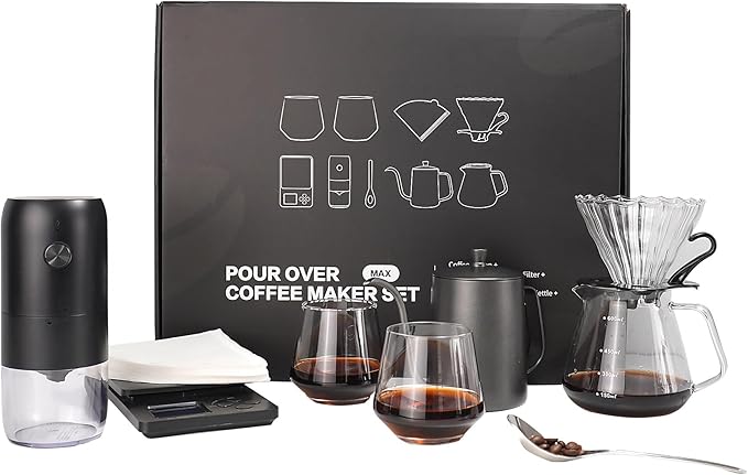 SuperCook Coffee Pour Over Kit Hand Drip with Kettle Electric Grinder Camping Travel Coffee Kit Ideal for Anniversary Birthday Gift