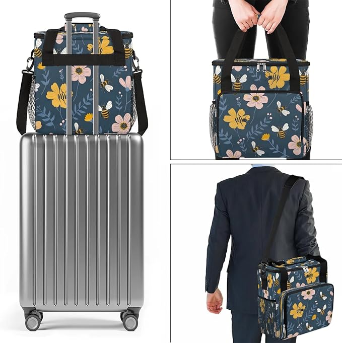 Cute Bee Flower Coffee Maker Carrying Bag Compatible with K-Mini or K-Mini Plus Portable Single Cup Coffee Maker Case with Pockets for K Cup Pods