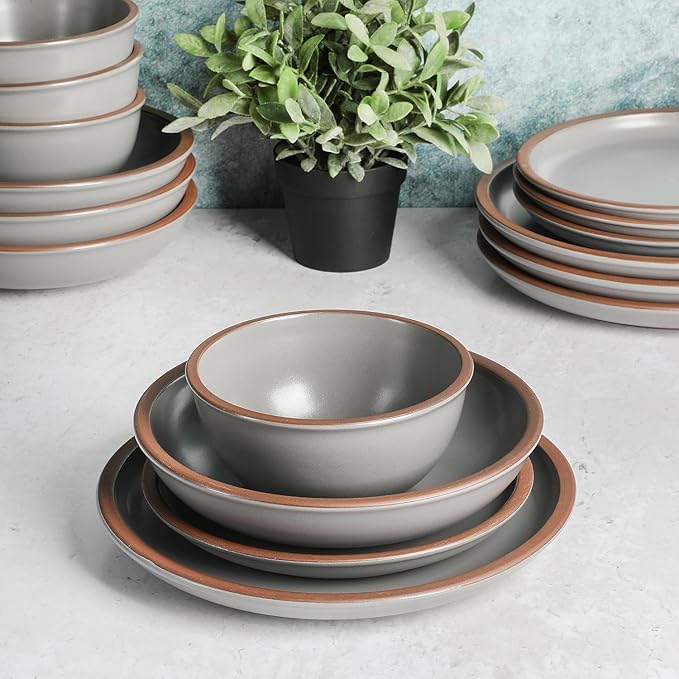 16 Piece Terracotta Dinnerware Set – Matte Ceramic Plates and Double Bowls with Raw Rim Microwave &amp Dishwasher Safe Service for 4 (Matte White)