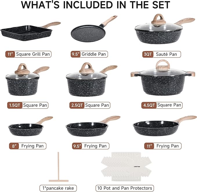 JEETEE 24Pcs Ceramic Cookware Set Gray Pots and Pans Set Non Stick Kitchen Healthy Non Toxic Induction Cookware Sets W/Saucepans Sauté Pan Griddle Crepe Pan &amp Pancake Rake (PFASPFOA Free)