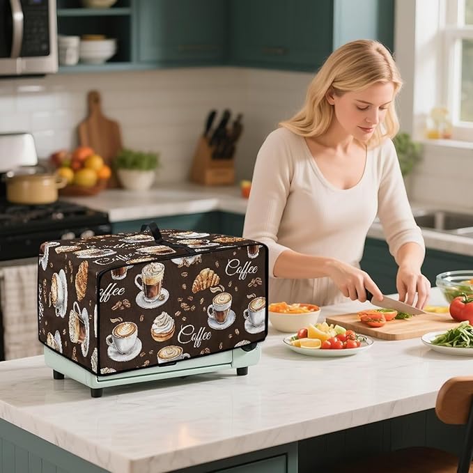 Dustproof Toaster Oven Cover Heat-Resistant Microwave Grill Cover Protector Faux Linen Polyester Dust Covers Case Protections for Toaster Oven Coffee Croissant