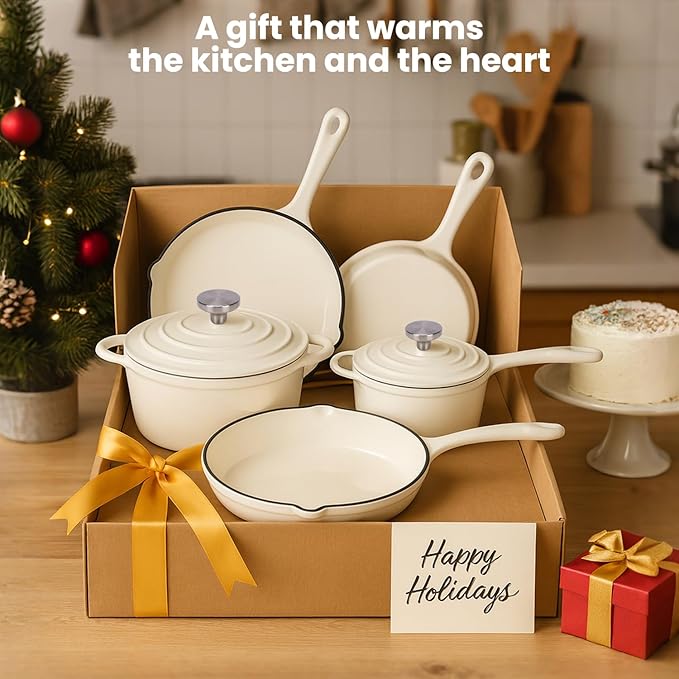 QuliMetal Enameled Cast Iron Cookware Set 5 Pcs Pots and Pans with Lid Skillet Frying Pan Saucepan &amp Dutch Oven for All Stovetops PFA Free - Ideal for Sourdough Bread Baking