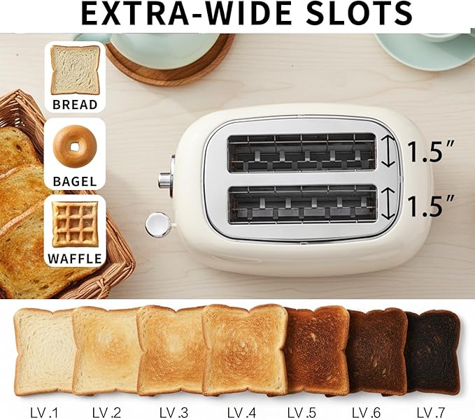 2-Slice Toaster Wide Slots 7 Bread Shade Settings Stainless Steel Bagel Cancel and Defrost Functions Removable Crumb Tray Retro Style ToasterBeige