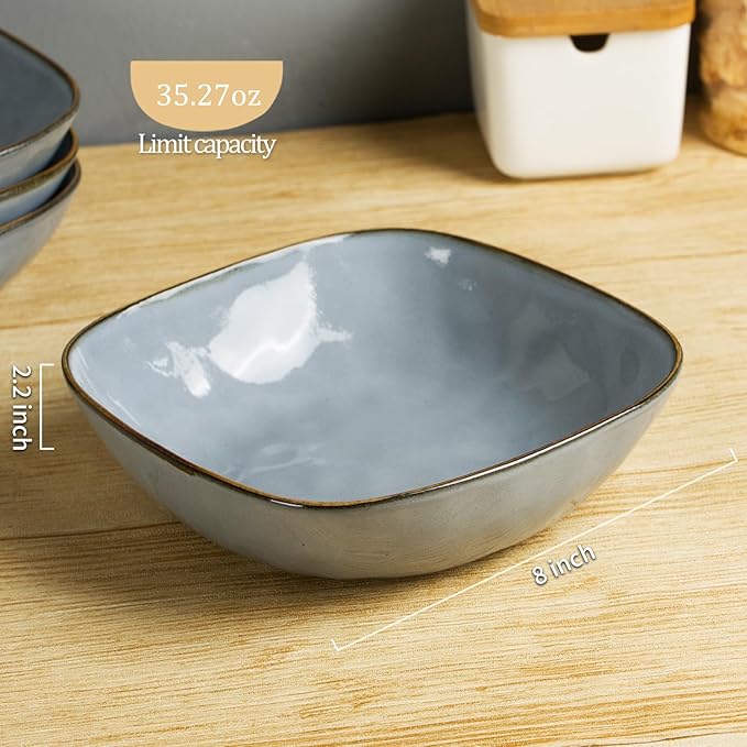 Famiware Ocean Square Plates and Bowls Sets for Kitchen 16-Piece Dinnerware Sets for 4 Reactive Glaze Blue
