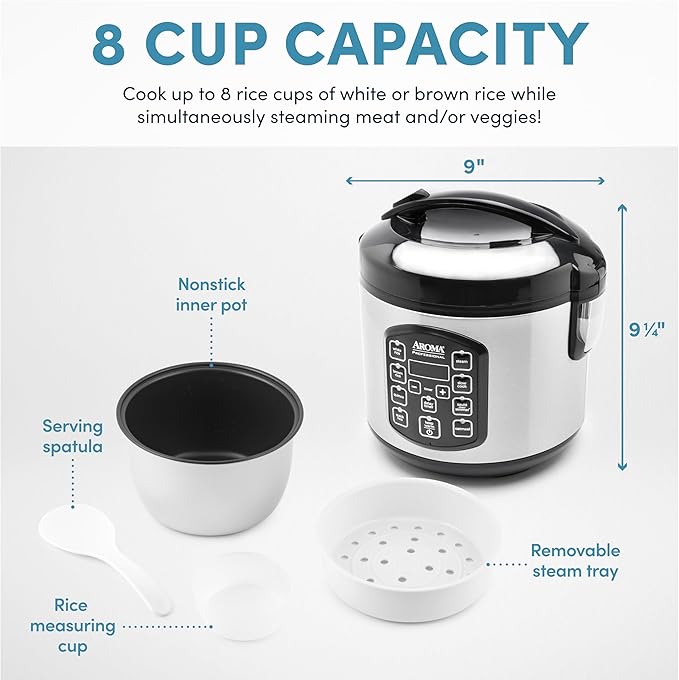 AROMA Professional Digital Rice Cooker Multicooker 4-Cup (Uncooked) / 8-Cup (Cooked) Steamer Slow Cooker Oatmeal Cooker STS Auto Keep Warm 2 Qt Stainless Steel Exterior ARC-954SBD