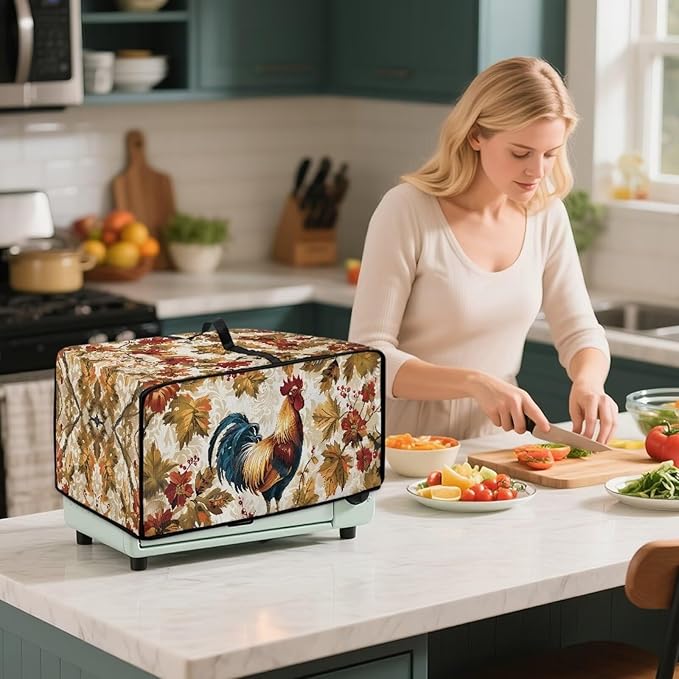 Doojoayie Kitchen Toaster Dust Cover Compatible with 4 Slice Toaster Dust Protection Cover Rooster Print Kitchen Decoration Small Appliance Protector Rooster Print