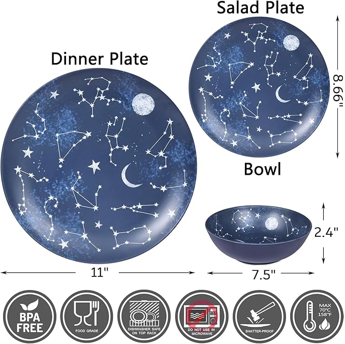 12 Piece Melamine Dinnerware Sets for 4 - Starry Pattern Camping Dishes Set for Indoor and Outdoor Use Dishwasher Safe Plates and Bowls Sets