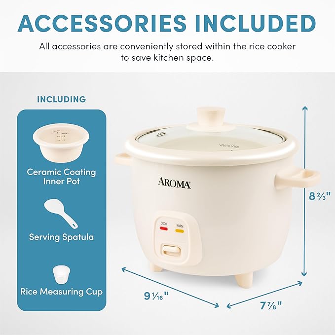 AROMA CoreCoat Pot-Style Rice Cooker with One-Touch Control and Non-Stick Ceramic Coating (6 Cups Cooked 3 Cups Uncooked)