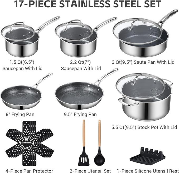 Ammeloo 18 Pcs Ceramic Pots and Pans Set Non Stick 17 Pcs Nonstick Stainless Steel Cookware Set