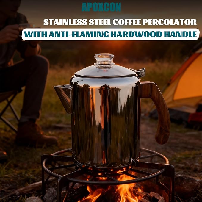 Coffee Percolator Pot Stainless Steel Coffee Maker with Tough Glass Knob &amp Fireproof Solid Wood Handle &amp Drip-Free Spout Camping Coffee Pot Using on any Stovetop NO Aluminum NO Plastic (8 Cup)
