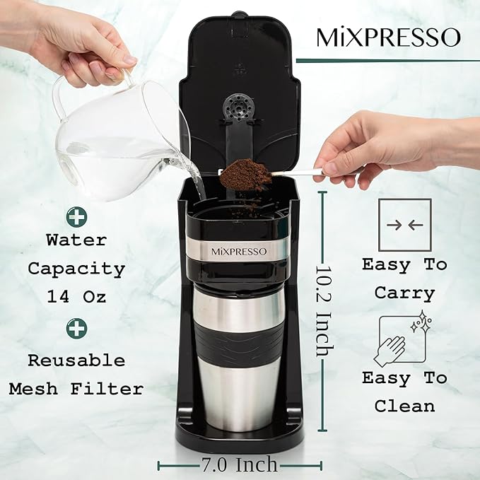 Mixpresso Black Personal Single Serve Coffee Maker with 14oz Travel Mug Drip Small Coffee Maker with Auto Shut Off Reusable Filter Works with Ground Coffee Only – Not for K-Cup Pods