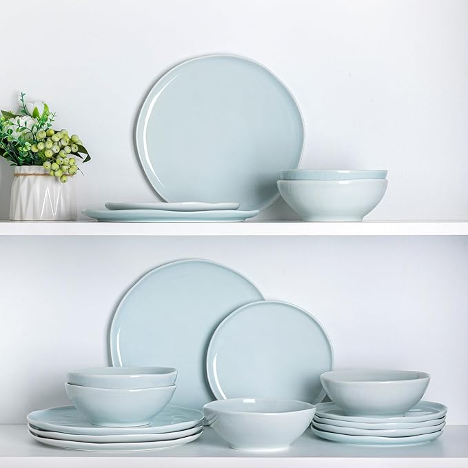 LERATIO Ceramic Dinnerware Sets for 6Porcelain Plates and Bowls Sets with Wavy EdgeMicrowave &amp Dishwasher &amp Oven SafeLight Weight &amp Scratch Resistant Dishes Sets-Light Blue(18pcs)