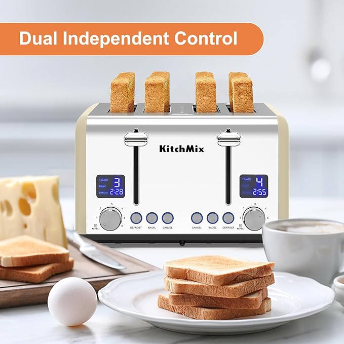 Toaster 4 Slice KitchMix Bagel Stainless Toaster with LCD Timer Extra Wide Slots Dual Screen Removal Crumb Tray (Cream)
