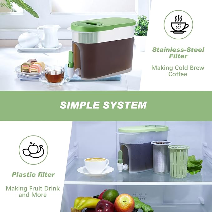 Gerrii 2 Pcs Cold Brew Maker 1 Gallon Plastic Beverage Dispenser with 2 Filters Drink Dispenser for Fridge Cold Brew Pitcher with Spigot Container for Juice Water Tea(Green)