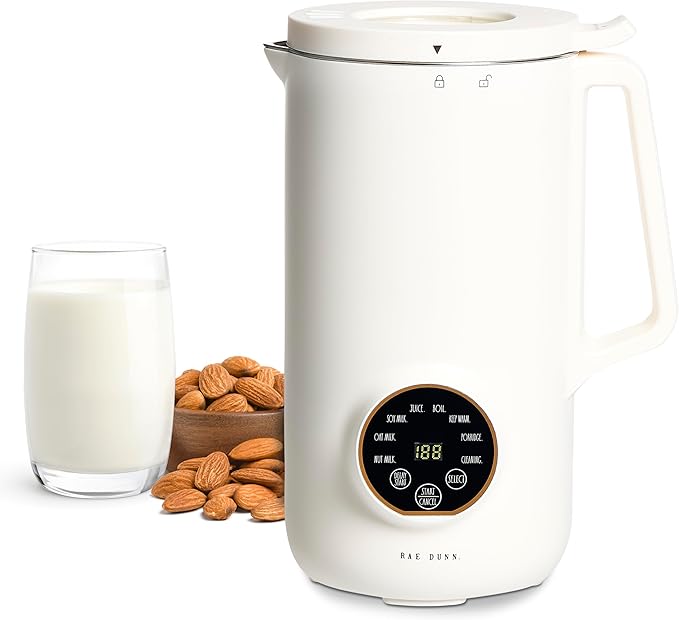 Rae Dunn 8-in-1 Nut &amp Plant Milk Maker – Almond Oat Soy &amp More – 800ml Cold / 700ml Hot – Automatic Delay Start Self-Clean – Includes Stirrer Measuring Cup &amp Brush Cream