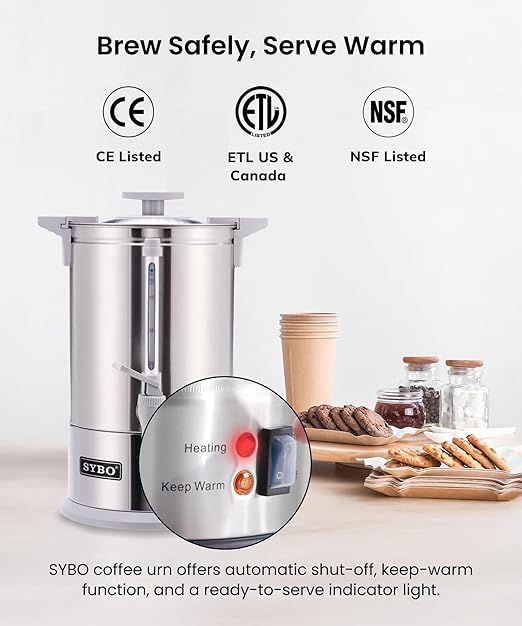 SYBO SR-CP100BG Commercial Coffee Urn &amp Hot Beverage Dispenser Fast Brew Keeps Warm – Ideal for Coffee Tea Water at Events &amp Catering 100-Cup 16 L Grey