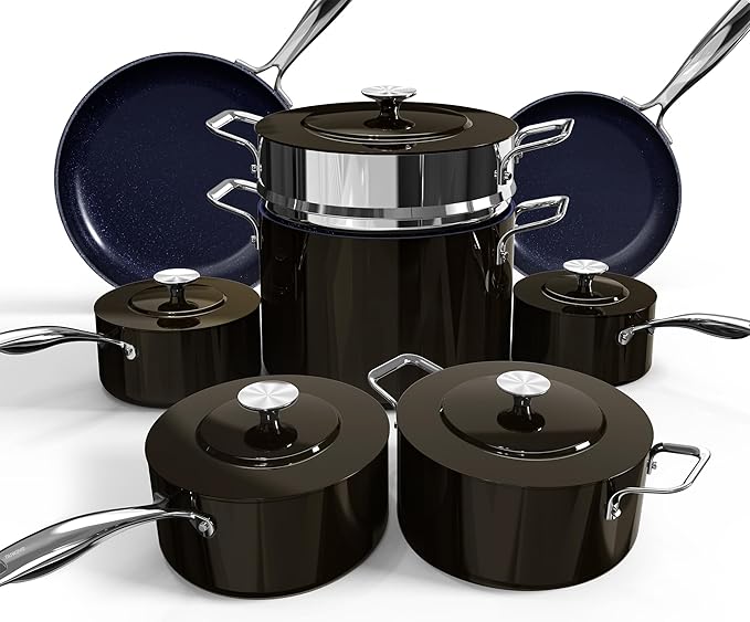 Nuwave Lux 13pc Forged Lightweight Cookware Set PFAS Free Healthy G10 Duralon Ceramic Coating Ultra Non-Stick Stay-Cool Handles Works on All Cooktops &amp Induction Ready