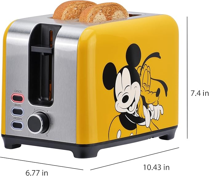 Disney Mickey &amp Pluto 2-Slice Toaster by Select Brands - Fast Toaster with Wide Slots Toast Lift &amp Crumb Tray - Kitchen Essential for Sandwich Bread Breakfast &amp Bagels