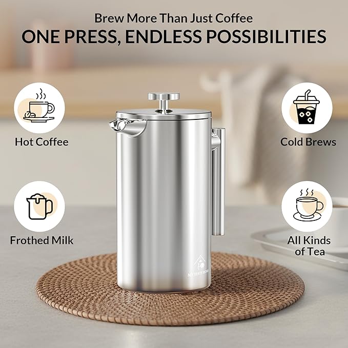 French Press Coffee Maker 304 Stainless Steel 34 Oz Large Double-Walled Insulated French Press 3 Level Filtration System For Kitchen Camping &amp Gifting in Premium Box - Dishwasher Safe