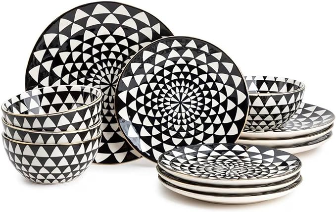 12-Piece Ceramic Dinnerware Set for 4 Plates and Bowls Microwave and Dishwasher Safe (Black and White)