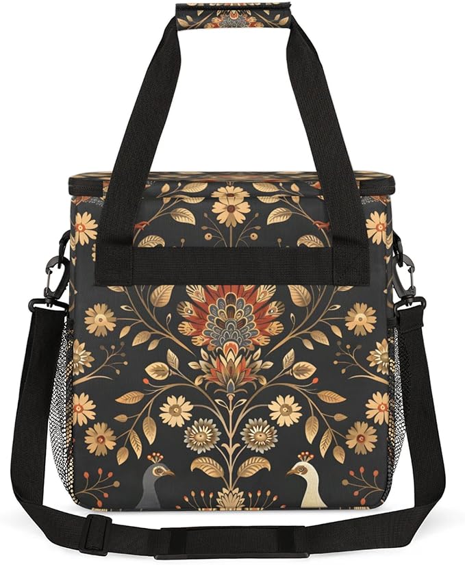 Peacock Floral Coffee Maker Travel Bag for Keurig K-Mini/K-Mini Plus Insulated Waterproof Tote with Pockets for K-Cup Portable Single-Serve Brewer Case