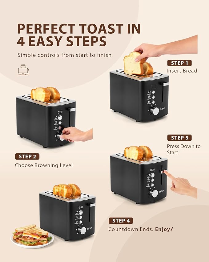 2 Slice Toaster with Wide Slots for Bread &amp Bagels Stainless Steel Toaster with Digital Countdown 6 Shade Settings Defrost Reheat &amp Cancel Compact Design for Kitchen Black