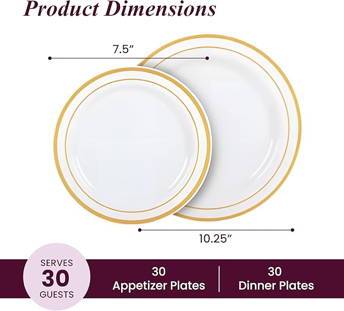 Aya's 60 Pack Heavy Duty Plastic Plates with Gold Rim - 30 Each of 10 Dinner and 7.5 Appetizer White Disposable Plates - Elegant Fancy Plastic Plates for Party Weddings and Special Events