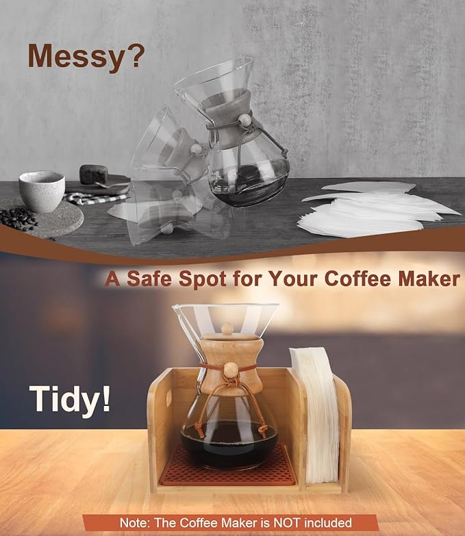 Bamboo Caddy with Lid &amp Heatproof Trivets Mat for Chemex CoffeeMakers - Designed for Chemex Pour - Over Glass Coffeemaker(3/5/6/8/10Cup) for Bodum Pour Over Coffee makers - Bamboo cup not include