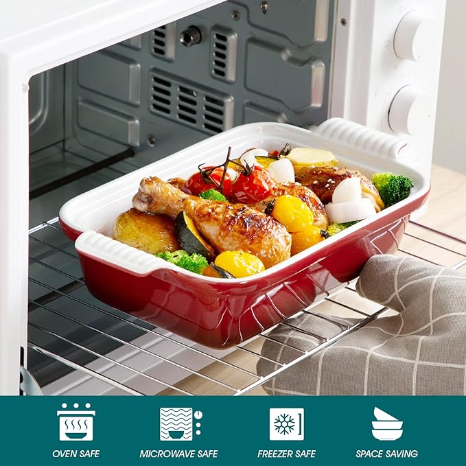 vancasso Blossom Casserole Dish With Lid 1.9 Quart Casserole Dish for Oven 12x7 Baking Pan with Handles Casserole Baking Dish Lasagna Pan with Lid Microwave Dishwasher Safe Red