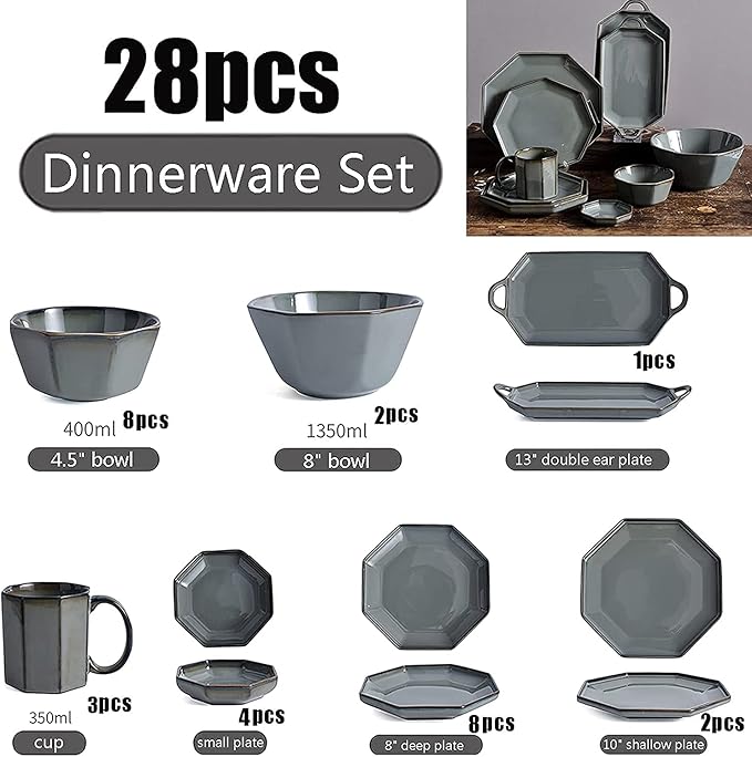Dinner Set for Luxury Restaurant and Home 28-Piece Porcelain Dinnerware Set Retro Modern Dinner Table Service Include Plates and Soup Bowl