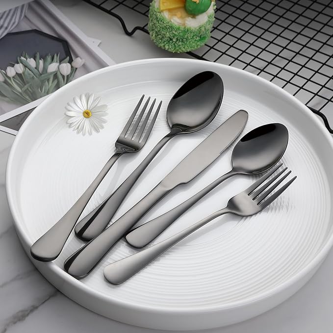 VANDBAO Black Flatware Cutlery Silverware Set 20 Pieces Stainless Steel Colorful Utensils Tableware Set Service for 4 Include Knife/Fork/Spoon Reusable Mirror Polished Dishwasher Safe