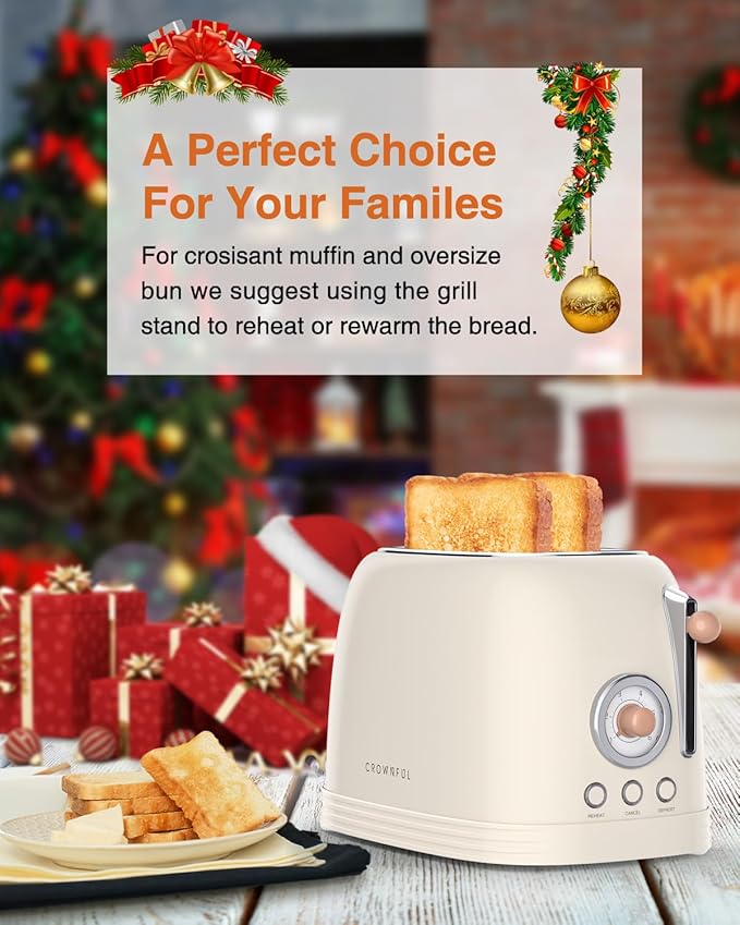 CROWNFUL 2-Slice Toaster Extra Wide Slots Toaster Retro Stainless Steel with Bagel Cancel Defrost Reheat Function and 6-Shade Settings Removal Crumb Tray Cream
