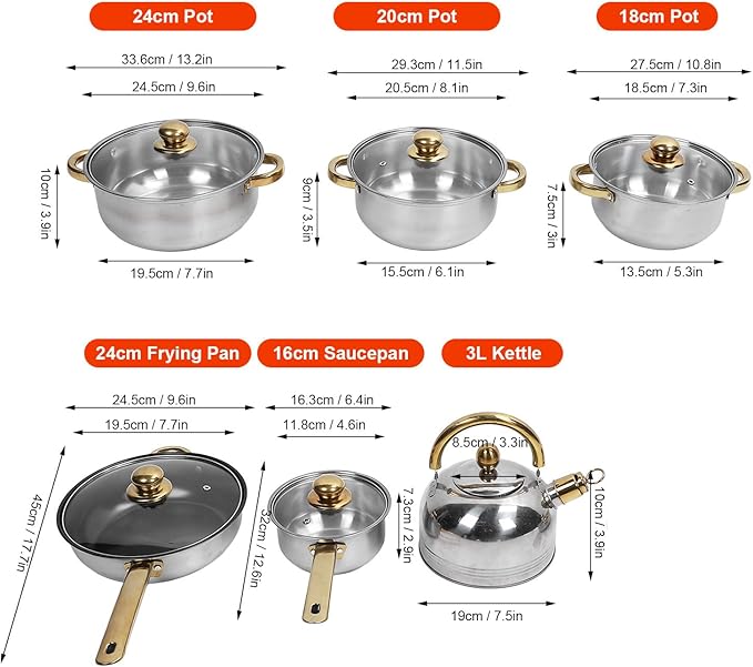 Stainless Steel Pots and Pans Set Small Induction Cookware Set Non Stick Kitchen Cooking Set with Glass Lids and Ergonomic Handle Compatible with All Stovetops Kitchen (Gold