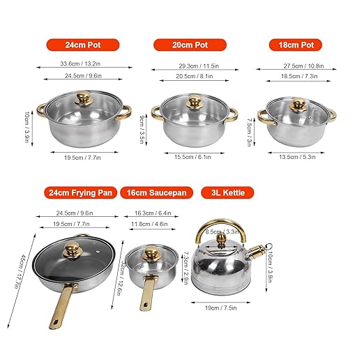 Pots and Pans SetPremium Stainless Steel Cookware Set - Proof and Stick Proof Pan and Pot Set with Gold Handles and Kettle - Ideal for Home Kitchens and Restaurants (Gold Handle with Kettle)