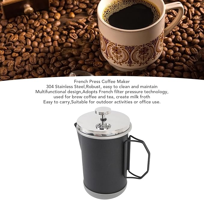 Yosoo Stainless Steel French Press Coffee Maker Portable Hand Brewed Coffee Press Teapot 1000ml Capacity Lightweight for Camping Travel Office Use (Black)