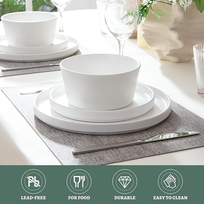 Asrug 12-Piece Plates and Bowls SetsCeramic Dinnerware Sets for 4 Chip Resistant and Scratch Dish Set Dining Dinner Porcelain Dishware Microwave and Dishwasher SafeWhite Matte