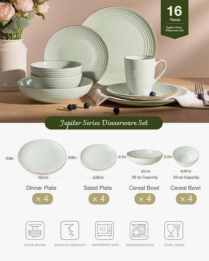 Famiware Jupiter Stoneware Dinnerware Sets for 4 (16-Piece) Handcrafted Dishes Set with Embossed Swirl &amp Speckles Green - Includes Scratch Resistant Pasta Bowl &amp Dinner Plate for Daily &amp