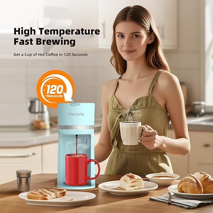 Mini Single Serve Coffee Maker for K Cup and Ground Coffee Fast Brew One Cup Coffee Machine with Descaling Reminder and Water Window 6 to 12 oz. Brew Sizes Light Blue