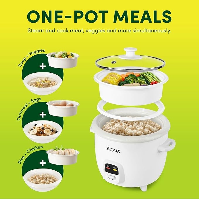 6-Cup Rice Cooker &amp Food Steamer with Nonstick Ceramic &amp Pop-Up Steam Tray - White (Renewed)