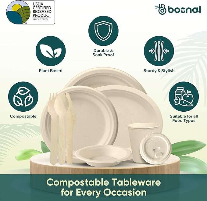 BOSNAL 10 inch &amp 7 inch Round Plates 10 inch Oval Plates 16 oz Bowls &amp 8 oz Cups with Lids &amp Cutlery – 100% Plant-Based Bagasse Eco-Friendly Compostable Microwave Safe Durable Dinner